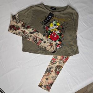 Ed Hardy Tattoo Graphic Long Sleeve Top - Olive & Cream